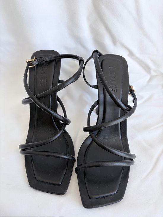 SCHUTZ Shoes - SCHUTZ Black Strappy Square-Toe Heeled Sandals with Gold Buckle